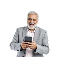 A man in a suit is laughing while using his phone png