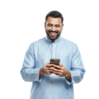 A man in a blue shirt is smiling while using his phone png