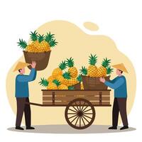 Selling Fresh Pineapples Using a Cart with Figures Wearing Conical Hats vector