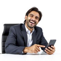 A man in a suit is laughing while using a cell phone png