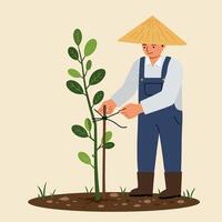 Farmer Tying Young Tree to Support Stick in Garden Plot vector