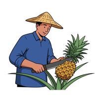 Farmer Cutting Pineapple with Knife in Field Wearing Straw Hat vector