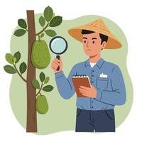 Farmer Inspecting Fruit on Tree with Magnifying Glass and Notepad vector