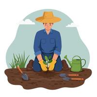 Man Planting Seedling in Garden with Tools and Watering Can vector