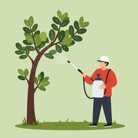 Spraying Pesticide on Tree in Garden Cartoon Style Illustration vector