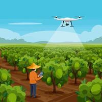 Farmer Monitoring Crop Field Using Drone Technology for Data Collection vector