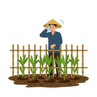 Man Farming Sweating in Field with Conical Hat and Bamboo Fence vector
