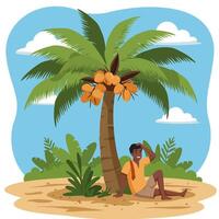 Man Relaxing Under a Coconut Tree on a Sunny Day vector