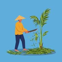 Man Trimming Palm Tree with Machete in Tropical Setting Illustration vector