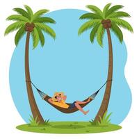 Person Relaxing in Hammock Between Palm Trees on Island Getaway vector