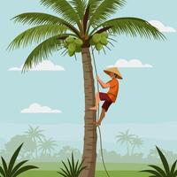 Person Climbing Coconut Tree Using Rope in Tropical Landscape Illustration vector