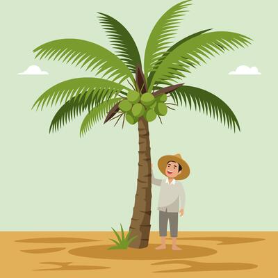 Man Stands by Coconut Tree in Tropical Climate Illustration
