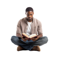 Meditative reading session indoor space man crosslegged with book calm environment close-up view personal growth concept png