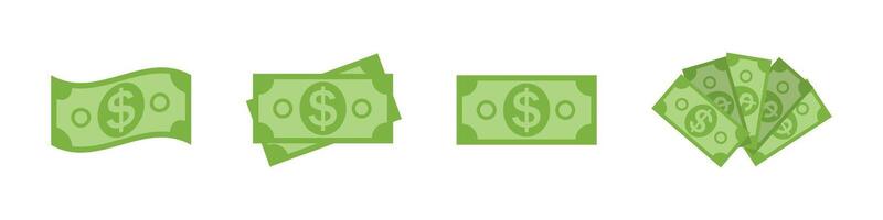 Green dollar bill icons in flat style set vector