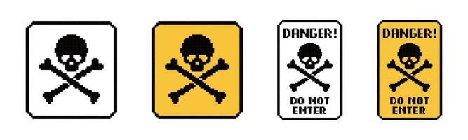 Pixelated Danger Signs with Skull Icons Set vector