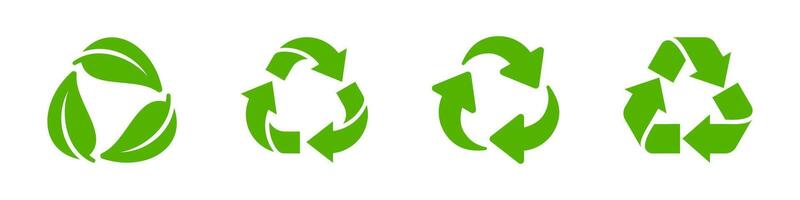 Green Recycling Symbols with Arrows and Leaves Set vector