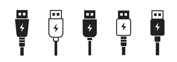 USB Charging Cables with Lightning Bolt Icons Set vector