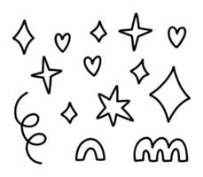 Cute decorative design elements. Abstract squiggles of different shapes - stars, hearts, sparkles, arcs. hand-drawn doodle illustration isolated on a white background. vector
