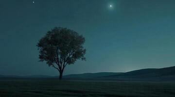 A lone tree stands in a field under a full moon photo