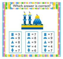 Math activity for kids. Find the correct answer. Cartoon mosque. vector