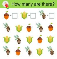 Math activity for kids. Developing numeracy skills. Cartoon corn, pine cones, acorn. vector