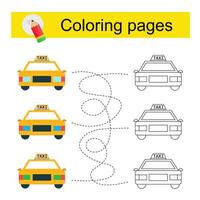 Educational game for kids. Go through the maze and color a cartoon taxi according to the pattern. vector