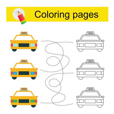 Educational game for kids. Go through the maze and color a cartoon taxi according to the pattern.