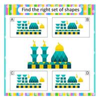 Puzzle for kids. Find the correct set of the mosque. Answer is A. vector