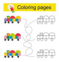 Go through the maze and color a cartoon train according to the pattern. vector