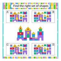 Puzzle for kids. Attention task. Find the correct set of cartoon castle. Answer is D. vector