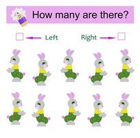 Left or Right. Educational game for kids. Count how many hares are turned left and how many are turned right. vector