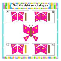 Logic puzzle for kids. Find the correct set of cartoon butterfly. Answer is A. vector