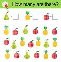 Math activity for kids. Developing numeracy skills. Cartoon pear, apple, pineapple. vector