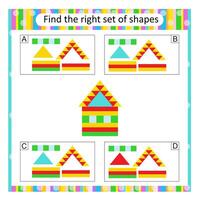 Puzzle for kids. Find the correct set of cartoon house. Answer is C. vector