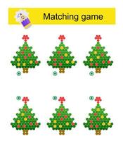 Matching game for kids. Find the correct pattern of cartoon Christmas tree and match. vector