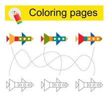 Educational game for kids. Go through the maze and color a cartoon airplane according to the pattern. vector