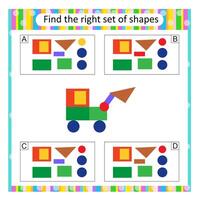 Puzzle for kids. Find the correct set of cartoon excavator. Answer is C. vector