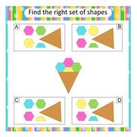 Logic puzzle for children. Find the correct set of cartoon ice cream. Preschool worksheet activity. Answer is C. vector
