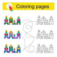 Educational game for kids. Go through the maze and color a cartoon castle according to the pattern. vector