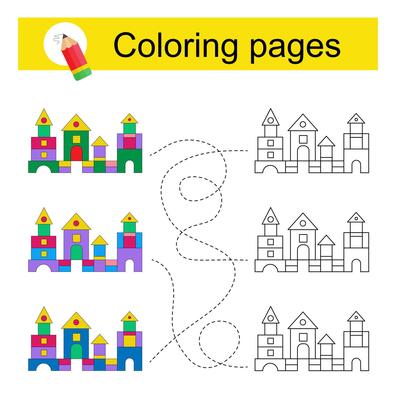 Educational game for kids. Go through the maze and color a cartoon castle according to the pattern.