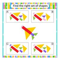 Puzzle for kids. Find the correct set of cartoon rocket. Answer is D. vector