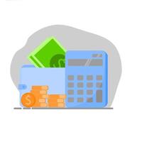 A calculator, money and coins are sitting on top of a desk vector