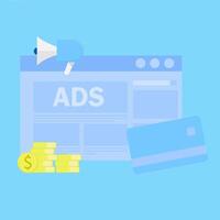Ad Revenue - increase and optimize online pay per click advertising revenue. Illustration of a browser with website banner ads generating cash revenue vector