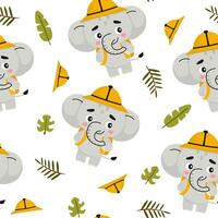 Cartoon Elephant Pattern with Safari Hats and Leaves vector