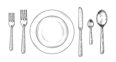 Elegant hand drawn illustration of a wedding table setting in black and white. Top view sketch featuring plate, silverware. Perfect for menus, event planning, and restaurant designs vector