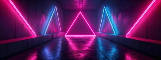 A neon light tunnel with three triangles photo