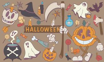 Groovy cartoon halloween stickers magic and witchcraft. Scary collection with ghosts, skull, zombie, eye, pumpkin, auldron, bat, potion. Scary patches set vector