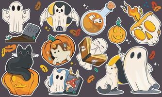 Cartoon halloween stickers magic and witchcraft. Scary collection with ghosts, skull, zombie, grave, pumpkin, cat, potion. Scary patches set vector