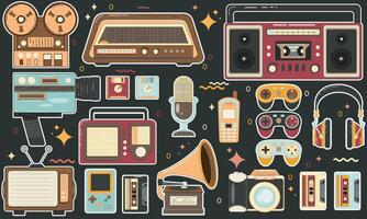 Set of retro elements, stickers with gadgets in 90s style. Old electronics, mobile phones, record player, cassette, vinyl, devices vector