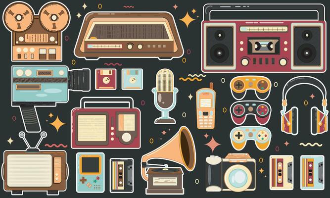 Set of retro elements, stickers with gadgets in 90s style. Old electronics, mobile phones, record player, cassette, vinyl, devices